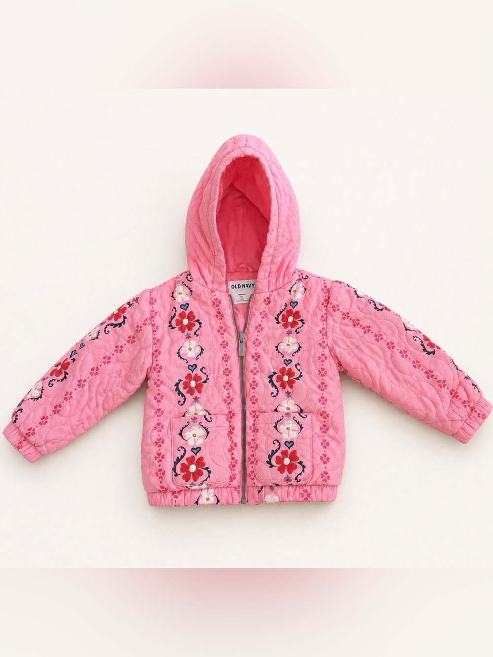 Old Navy Pink Quilted Hooded Jacket with Embroidered Floral Accents